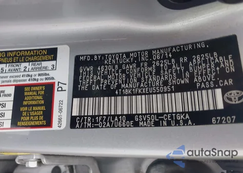 2014 Toyota Camry Xle V6 из США, поврежденный, VIN 4T1BK1FKXEU550951